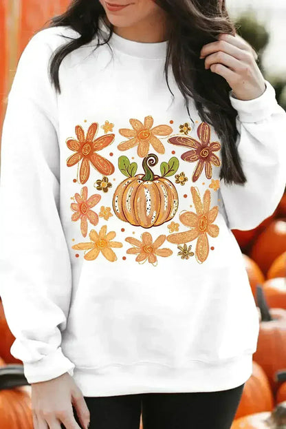 White Flower Pumpkin Printed Cotton Blend Sweatshirt