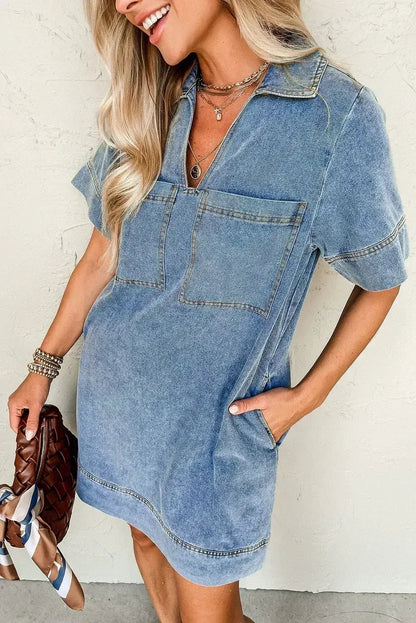 Beau Blue Short Sleeve Collared Chest Pocket Denim Mini Dress