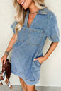 Beau Blue Short Sleeve Collared Chest Pocket Denim Mini Dress