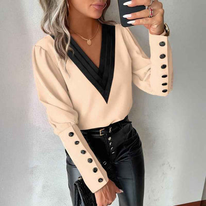 Women's V-Neck Contrast Trim Long Sleeve Blouse With Button Cuff Detail - Casual Comfort Top