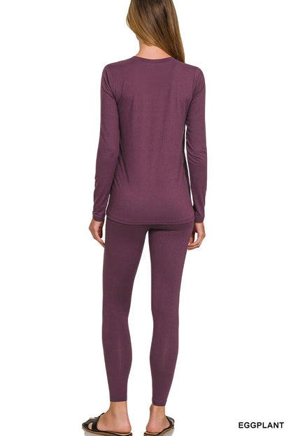 Zenana Microfiber Round Neck Top and Leggings Set in Eggplant