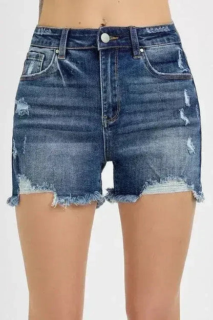 RISEN Distressed Raw Hem Denim Shorts