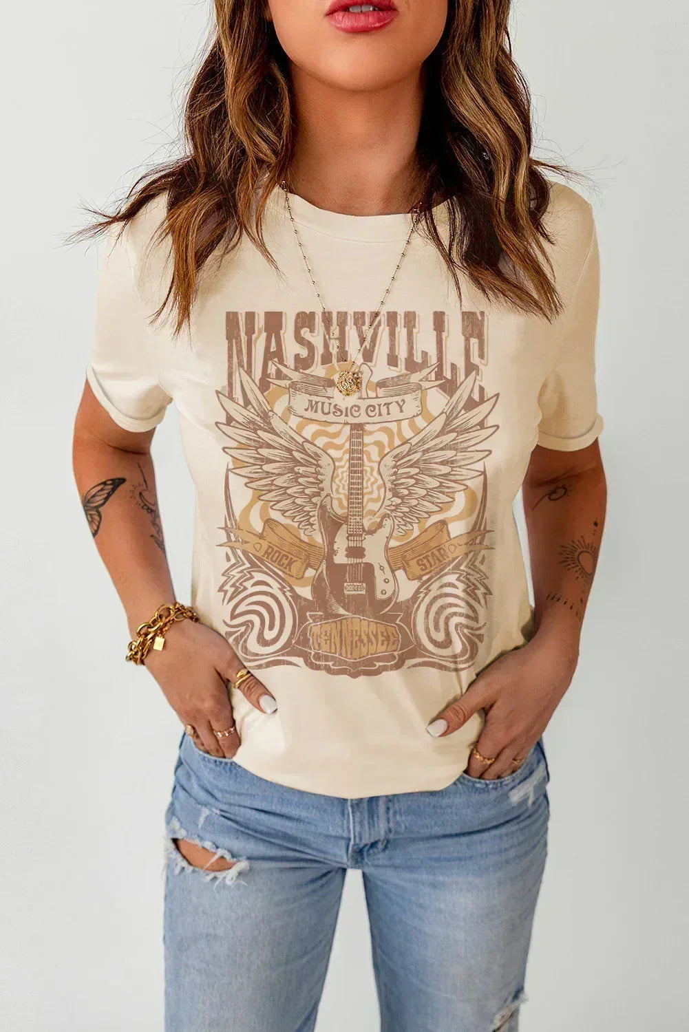 Khaki Band Tee Casual Short Sleeve Crew Neck Graphic T Shirt