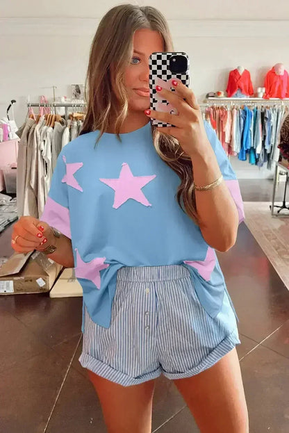 Aruba Blue Frayed Star Patched 4th of July Oversize T Shirt