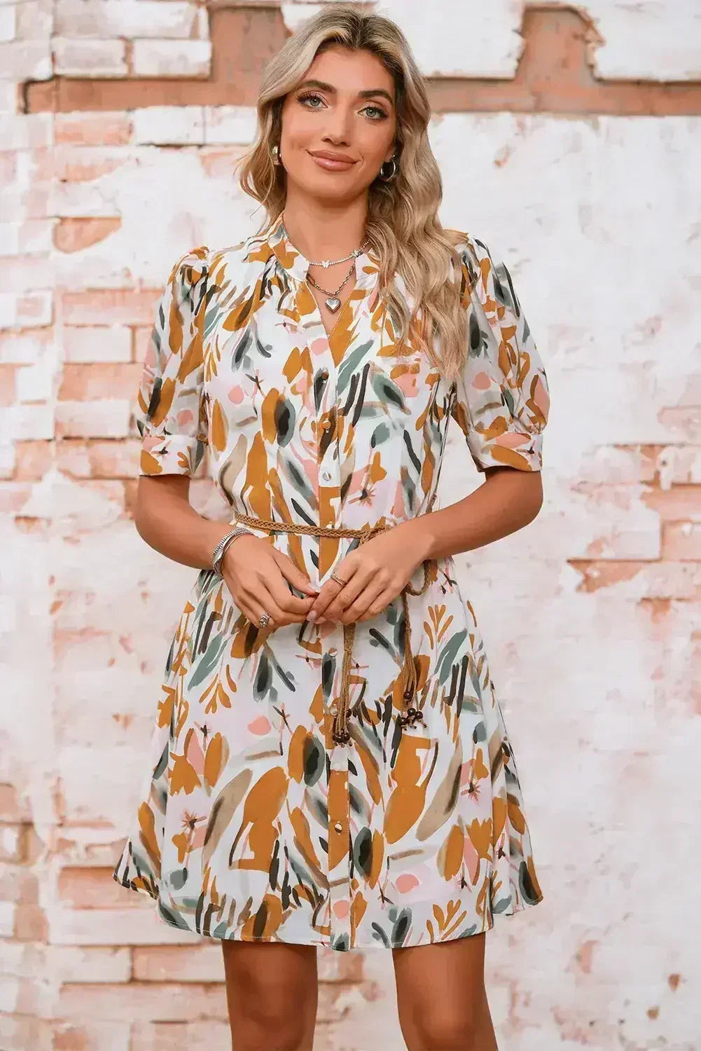 Brown Abstract Puff Sleeve Button Up Braided Belt Mini Dress