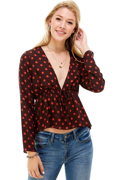 Polka Dot Print Cinched Chest 3/4 Sleeves Hi-Low | Apparel | Kitchen + Metal