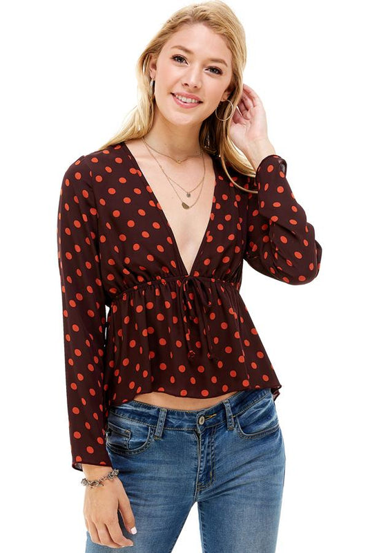 Polka Dot Print Cinched Chest 3/4 Sleeves Hi-Low | Apparel | Kitchen + Metal