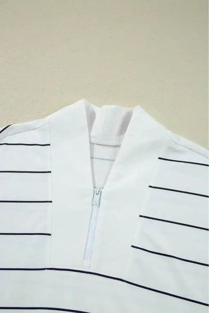 White Striped Zipper V-Neck Drop Sleeve Top