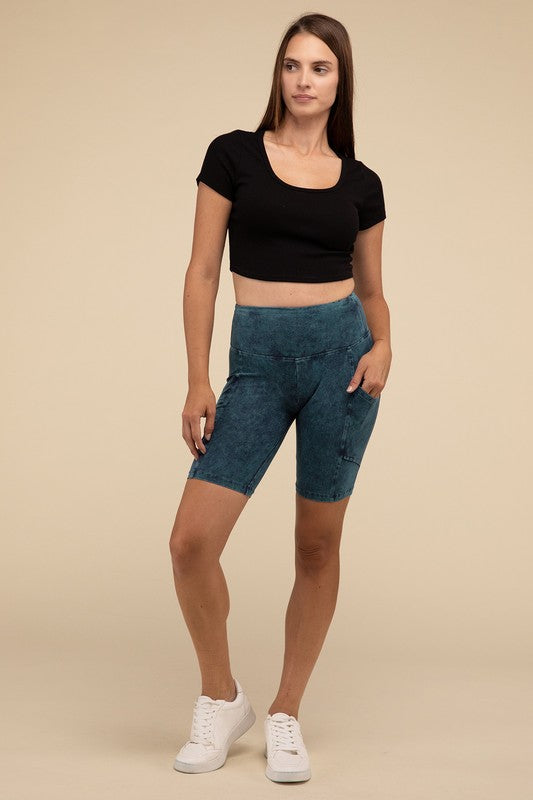 ZENANA Mineral Wash Wide Waistband Pocket Leggings