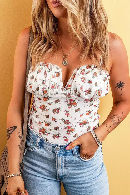 White Floral V-Cut Mesh Bodysuit with Frill Trim - Femstylo