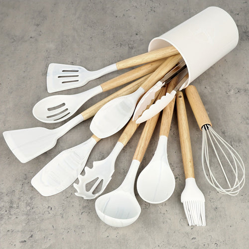 12Piece Silicone Kitchen Utensil Set with Wooden Handles