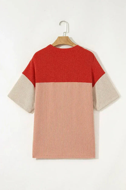 Black Color Block Ribbed Side Slits Half Sleeve Top