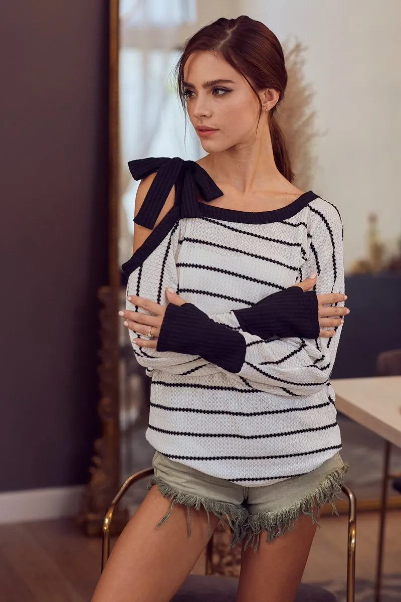 BiBi Stripe Yarn Dye Waffle One Shoulder Women's Top with Ribbon Detail