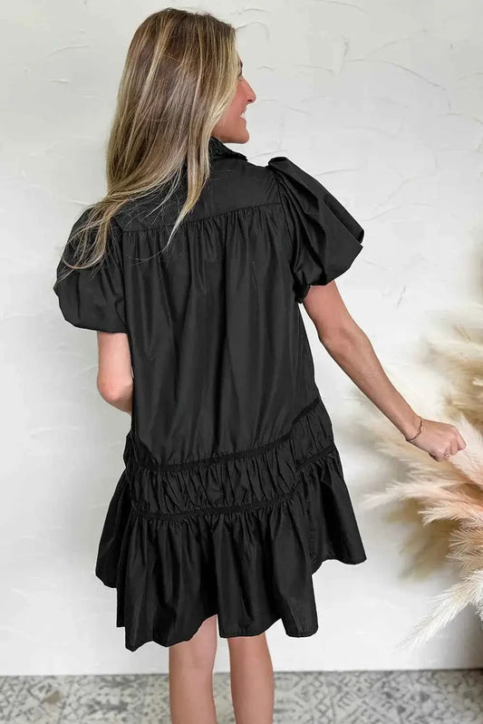Button Down Puff Sleeve Dress with Ruffle Hem