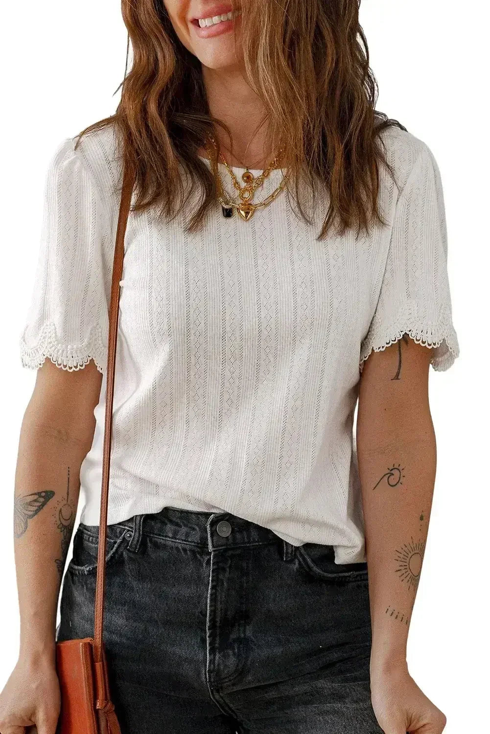 White Scalloped Lace Trim Jacquard Textured T Shirt