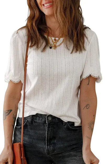 White Scalloped Lace Trim Jacquard Textured T Shirt