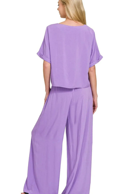 Zenana Round Neck T-Shirt and Wide Leg Pants Set - Lavender