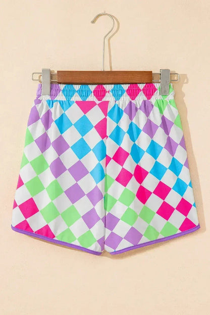 Black Checkered Drawstring Elastic Waist Casual Shorts