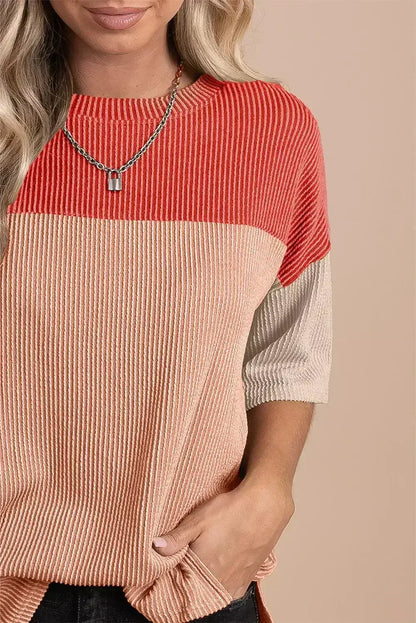 Black Color Block Ribbed Side Slits Half Sleeve Top