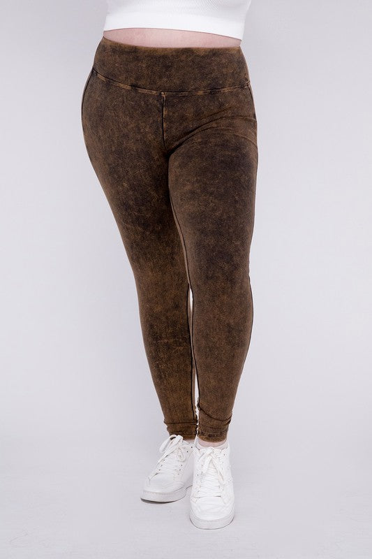 ZENANA Plus Mineral Washed Wide Waistband Yoga Leggings