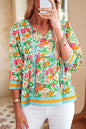 Green Floral Print Striped Trim Puff Sleeve Babydoll Blouse
