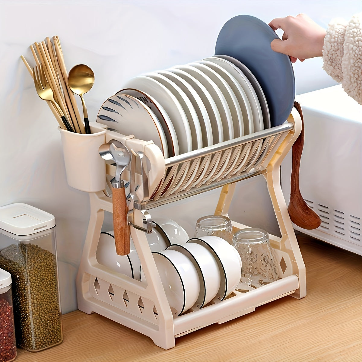 Space-Saving 2-Tier Kitchen Dish Rack with Drainboard - Sleek Blue &