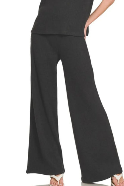 Zenana Rolled Sleeve Top and Pants Sweater Set in Black