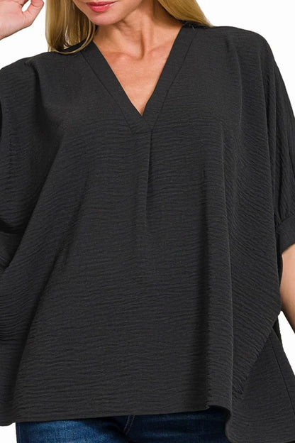 Zenana Woven Airflow V-neck Puff Half Sleeve Top