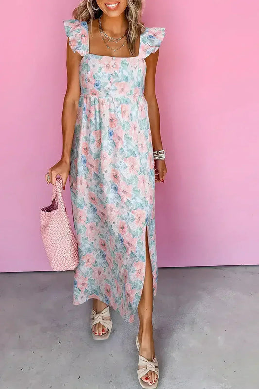 Pink Floral Print Square Neck Backless Dress with Slit