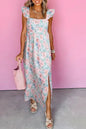 Pink Floral Print Square Neck Backless Dress with Slit