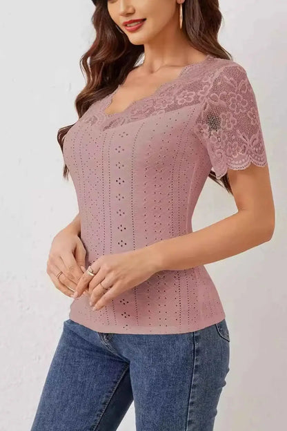 Lace Trim Eyelet Embroidered Summer T Shirt