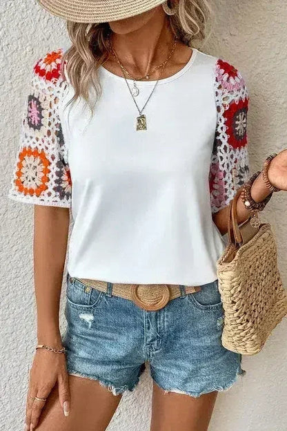 Geometric Round Neck Short Sleeve Blouse | Femstylo
