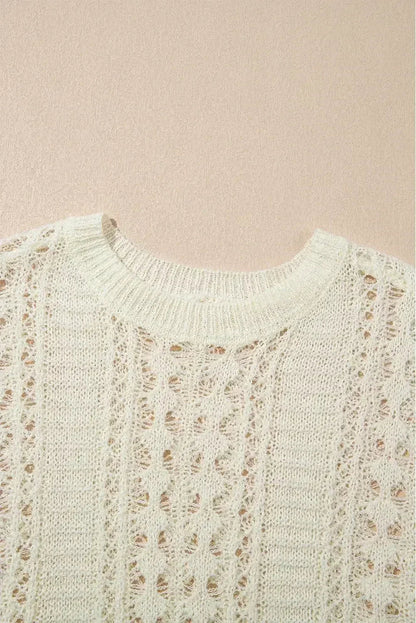 White Hollow Out Knit Bracelet Sleeve Drop Shoulder Sweater