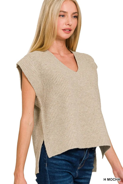 Zenana Oversized Sweater Vest with Side Slit in Mocha