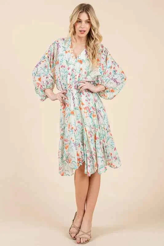 Lime and Chili Dress with Cinched Waist and Balloon Sleeves
