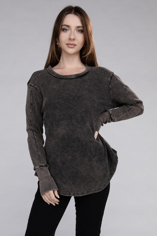 ZENANA Washed Baby Waffle Long Sleeve Top