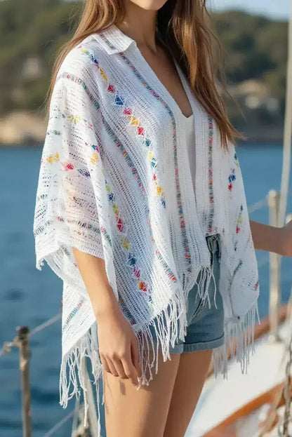 White Tassel Open Front Knit Cover Up