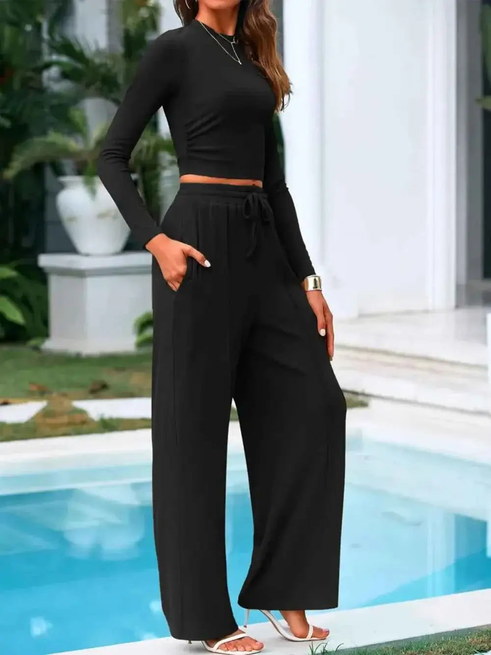 Round Neck Long Sleeve Crop Top and Pants Set