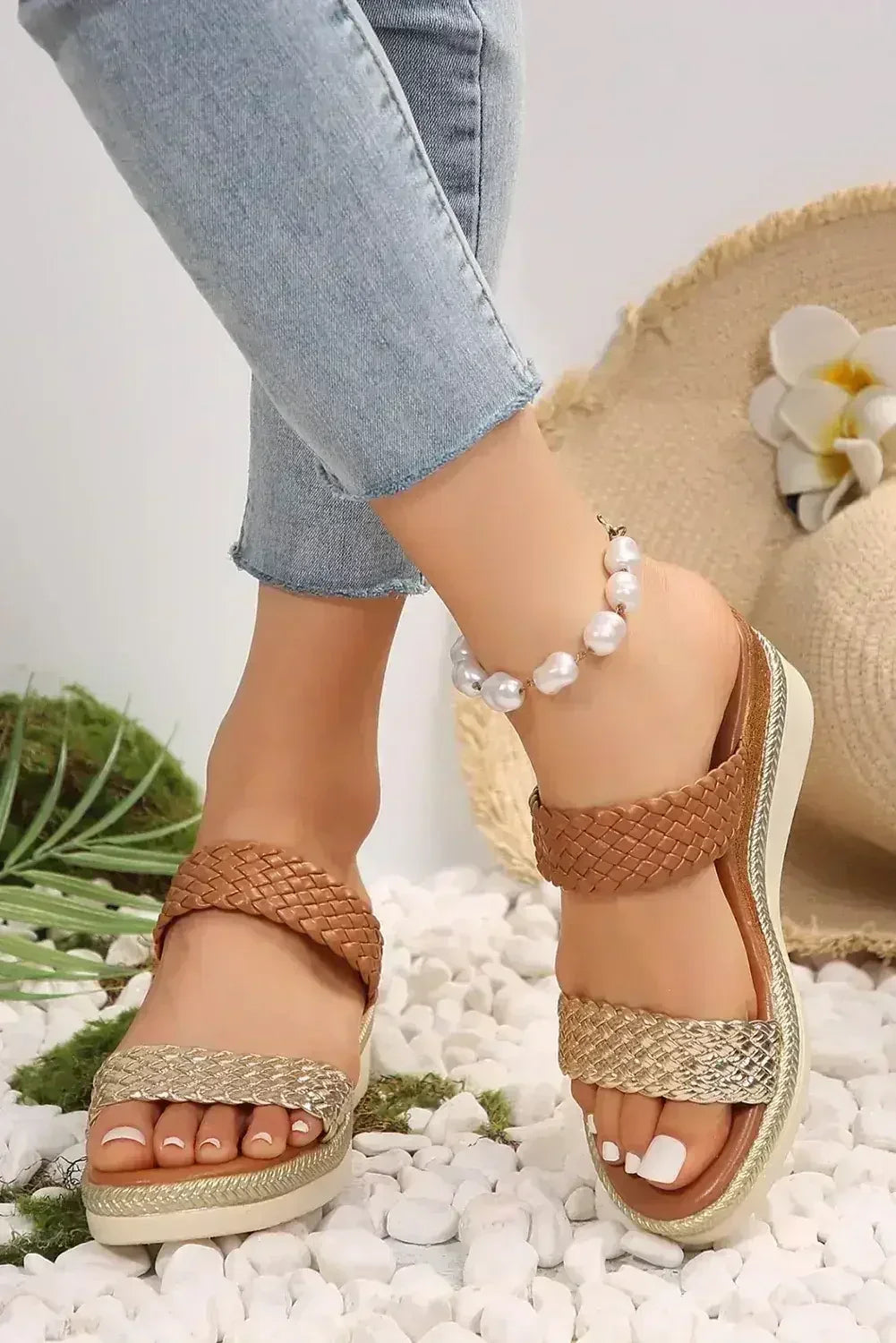 Gold Woven Two Band Color Block Wedge Slippers