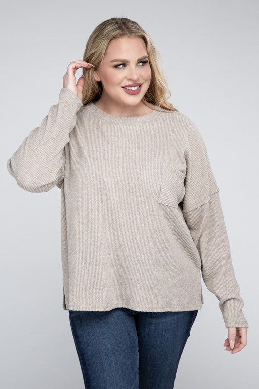ZENANA Plus Ribbed Brushed Melange Hacci Sweater