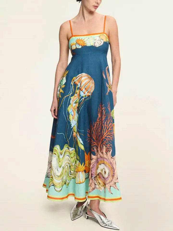 Boho Linen Maxi Dress – Ocean-Inspired Summer Style with Sea Life Print
