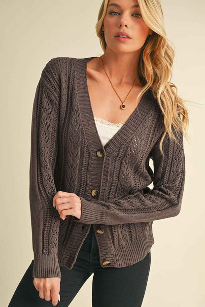 Dark Khaki Cardigan - Hollow Knit Drop Shoulder Style