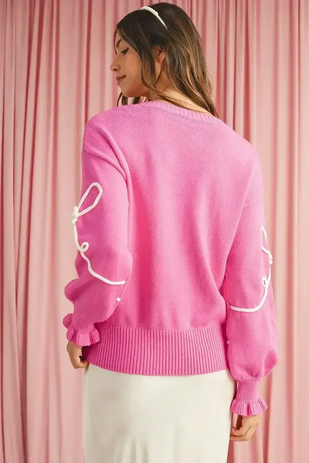 Bright Pink Sweet Bow Pattern Drop Sleeve Knit Sweater