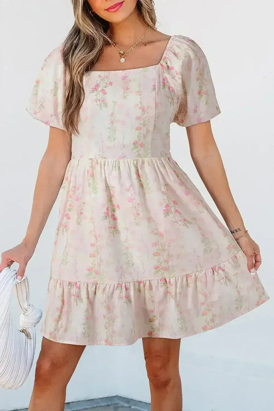 Pink Floral Puff Sleeve Square Neck Knotted Backless Ruffle Mini Dress