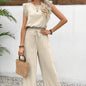 Women's Casual Two-Piece Pantsuit: Solid Color Short Sleeved Top and Straight Leg Pants