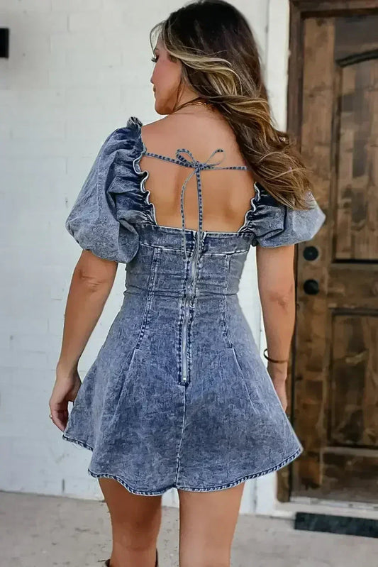 Blue Frill Square Neck Puff Sleeve Backless Denim Dress