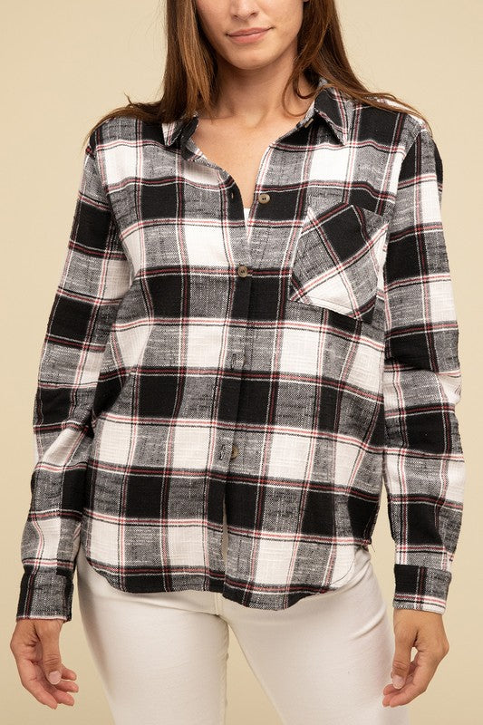 ZENANA Cotton Plaid Shacket With Front Pocket
