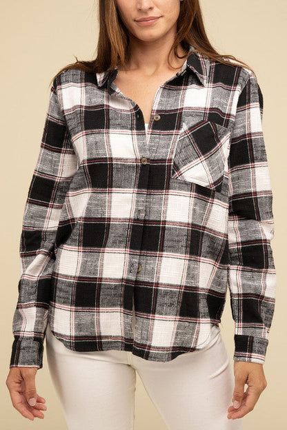 ZENANA Cotton Plaid Shacket With Front Pocket