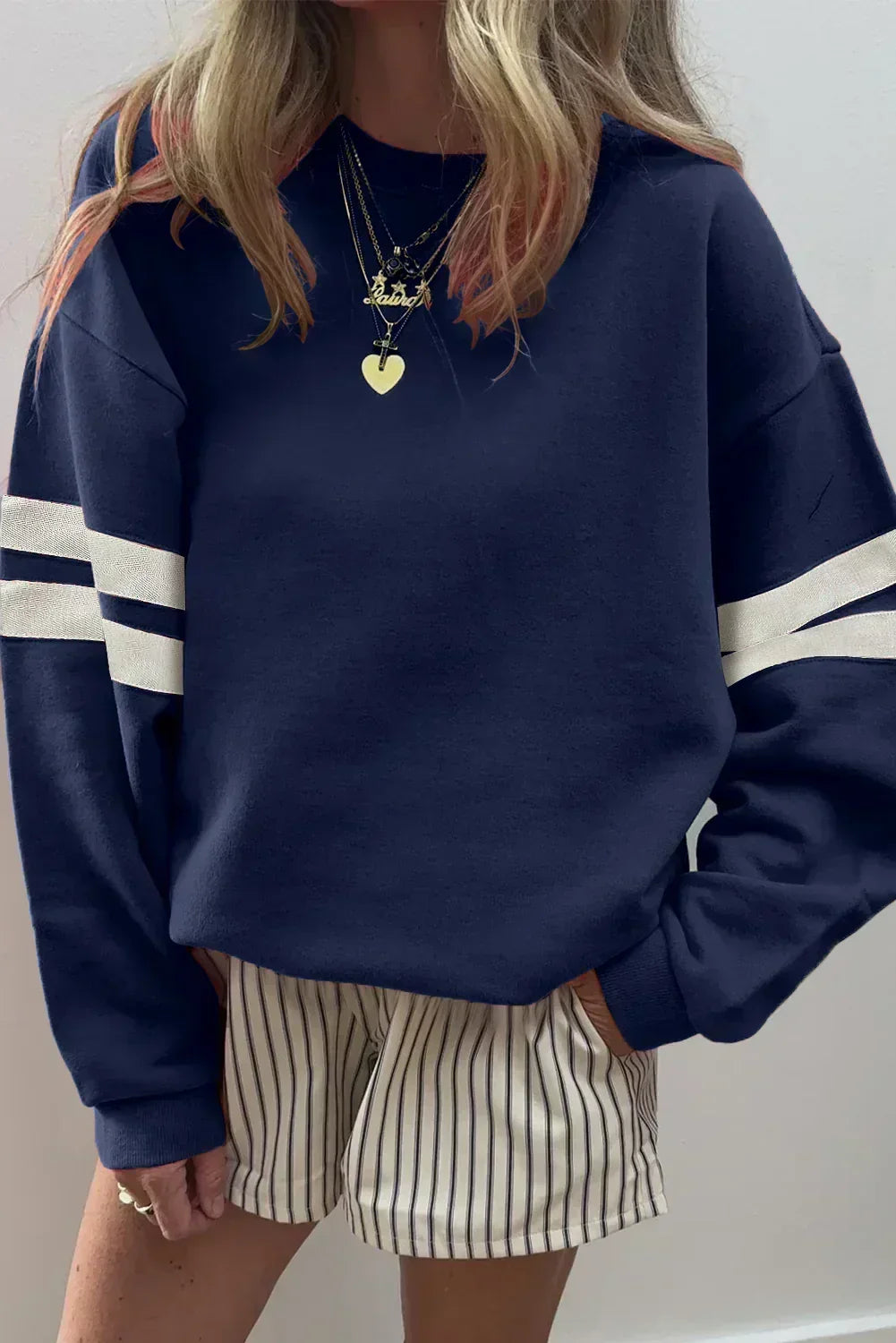 Fiery Red Preppy Striped Sleeve Loose Sweatshirt