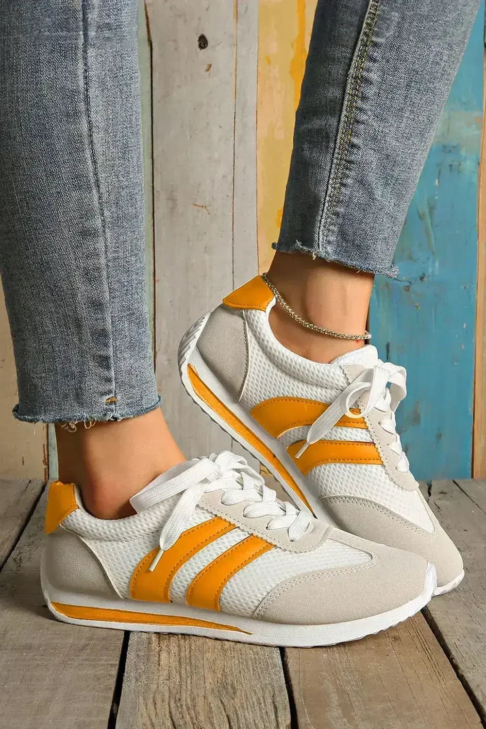 Yellow Patchwork Sneakers - Microfiber Breathable Shoes - Wholesale Comfort